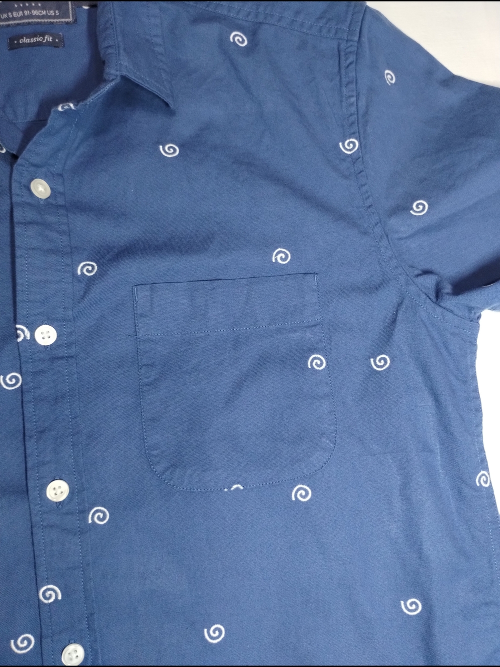Topman Blue Short-Sleeve Button-Up Shirt with White Swirl Print - Picture 6 of 9